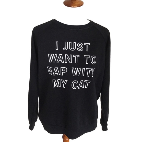 Freeze Tops - NWT Women’s Nap With My Cat Graphic Sweatshirt Black Sz Large